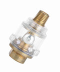 Inline Oil Lubricator For Tools And Compressors With Automatic Lubrication System, clear and brass design, compact for workshop use