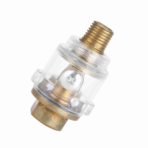 Inline Oil Lubricator For Tools And Compressors With Automatic Lubrication System, clear and brass design, compact for workshop use