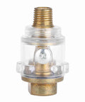 Inline Oil Lubricator for Tools and Compressors with Automatic Lubrication System, brass and clear plastic material, close-up view