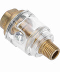 Transparent inline oil lubricator for tools and compressors with automatic lubrication system, showing brass fittings for workshop use.