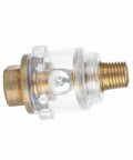 Side view of Inline Oil Lubricator For Tools And Compressors With Automatic Lubrication System, brass and clear casing, threaded ends