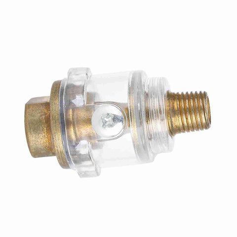 Side view of Inline Oil Lubricator For Tools And Compressors With Automatic Lubrication System, brass and clear casing, threaded ends