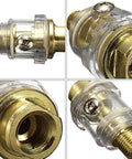 Close-up of Six Pack Inline Pneumatic Oiler Lubricator With Automatic Lubrication For Air Tools One Quarter Inch Inlet showing brass fittings.