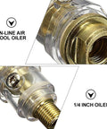 Close-up of Six Pack Inline Pneumatic Oiler Lubricator With Automatic Lubrication For Air Tools One Quarter Inch Inlet Premium Aluminum