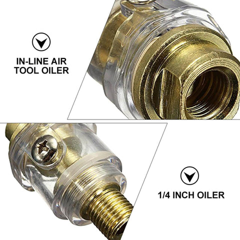 Close-up of Six Pack Inline Pneumatic Oiler Lubricator With Automatic Lubrication For Air Tools One Quarter Inch Inlet Premium Aluminum