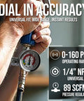 Close-up of Inline Air Regulator And Flow Control Valve With Pressure Gauge For Pneumatic Tools And Spray Painting One Quarter Inch NPT Brass Body 0 To 150 PSI Adjustable Air Pressure And Flow For Tire Inflation And Hobbyist Projects in use