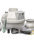 Maverick Radon Fan Kit For 3 Inch Installation, Quiet And Energy Efficient Inline Radon Mitigation Fan For 4 Inch Ducting, High Performance Home Setup With Easy One Click Wiring By Festa AMG displayed with components.