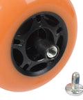 Orange inline skate wheel with 8mm Bearing Spacers for Inline Skates Set to Increase Spin Speed, visible axle and screw on white background