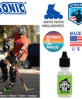 Ultra Slick Sonic Super Oil Skate Bearing Lubricant bottle with inline skater, skater-owned logos, Veteran Owned and Made in USA seals
