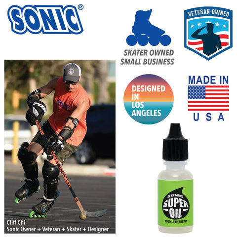 Ultra Slick Sonic Super Oil Skate Bearing Lubricant bottle with inline skater, skater-owned logos, Veteran Owned and Made in USA seals