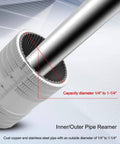 Handy Tube Deburring Tool For Quick Pipe Reaming And Beveling From One Quarter To One And A Quarter Inch Inner And Outer Cones With Forty Five Cutting Edges For Pro Grade Stainless Steel Copper Aluminum Brass And PVC Pipes close-up view showing inner cone with measurement scale, capacity marked as 1/4" to 1-1/4".