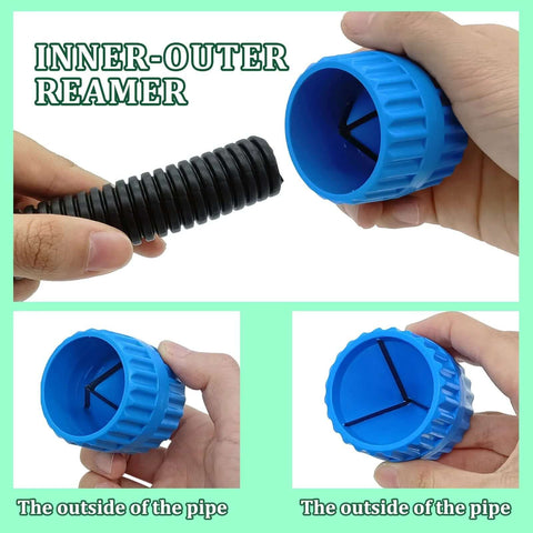 All In One Deburring Tool Kit With 11 High Speed Steel Blades And Storage Handle Includes 2 Copper Pipe Cleaners And Reamer Set Burr Remover Hand Tool For Wood Aluminum Copper And Plastic; blue reamer being held, shows inner blades.