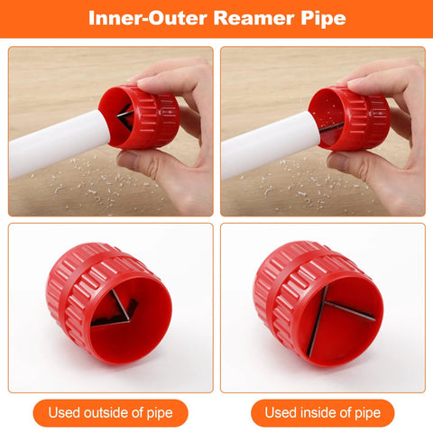 Six In One Depth Gauge And Pipe Deburring Tool Kit showing inner-outer reamer pipe on PVC pipe