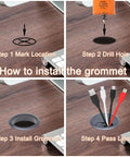 Step-by-step guide for installing Two Piece 2 Inch Desk Grommets With Hole Saw And Arbor For Cable Management Black