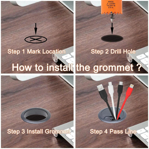 Step-by-step guide for installing Two Piece 2 Inch Desk Grommets With Hole Saw And Arbor For Cable Management Black