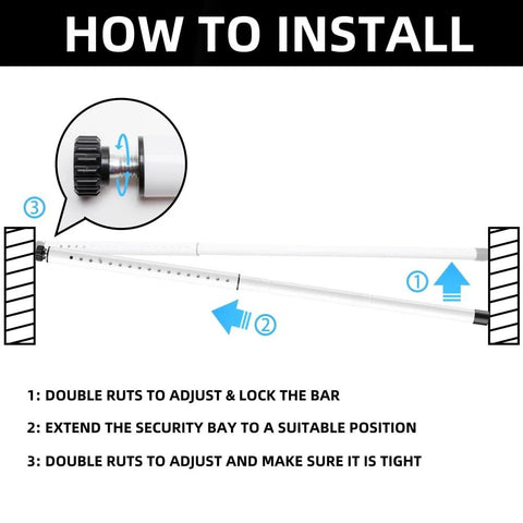 Installation guide for Adjustable Inside Mount Sliding Door Security Bar Fits 17.7 To 50.5 Inches, showing adjustment and locking steps.