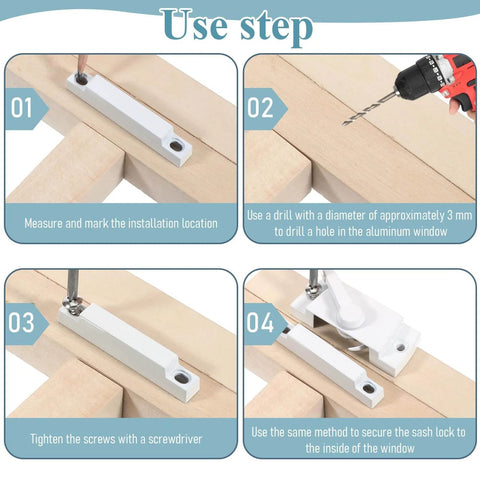 Installation steps for ten-pack diecast window sash locks with cam action on wooden window frame using screwdriver and drill.