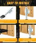 Installation steps for 2 Inch Spring Loaded Gate Caster Set Of 2 With TPU Wheels, showing assembly, drilling, and securing on wood.