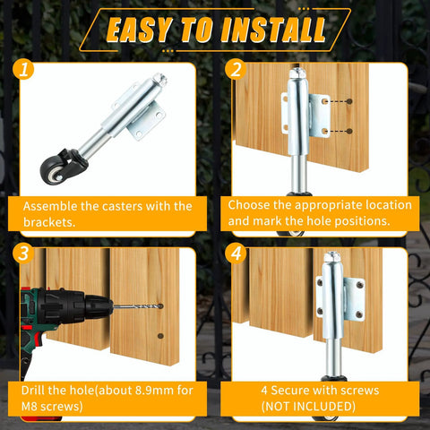 Installation steps for 2 Inch Spring Loaded Gate Caster Set Of 2 With TPU Wheels, showing assembly, drilling, and securing on wood.