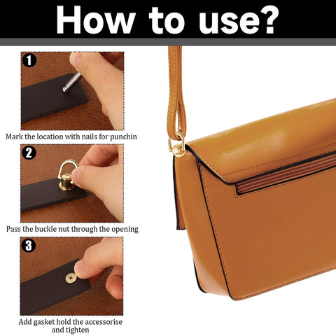 Step-by-step guide using Rotatable Ball Post Head Buttons Set of 12 Pieces With D Ring Metal Rings for bag installation.