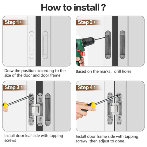 Onedaful 6-inch stainless steel hidden door hinges, 2 kits, installation steps diagram