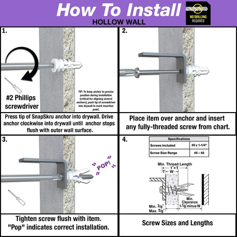 Installation guide for mini self drilling drywall anchors with screws made from glass filled nylon for #6 to #8 fasteners.