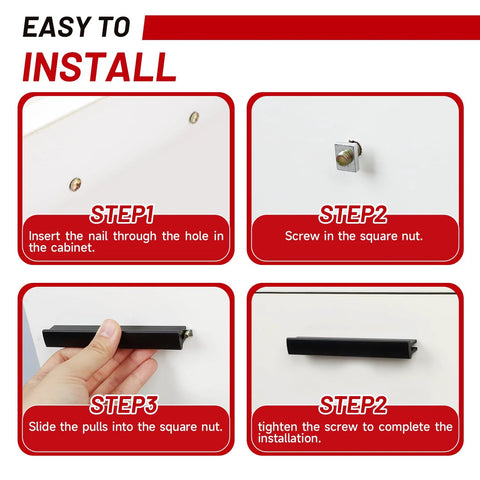 Installation steps for Five Piece Adjustable Drawer Pulls Zinc Alloy Cabinet Handles showing screw and pull placement on cabinet.