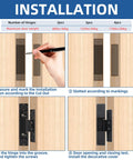 Installation steps for Ultra Thin 5 Inch Hidden Door Hinges for Secret Doors, 304 Stainless Steel, showing measuring and installation.