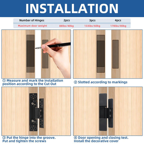 Installation steps for Ultra Thin 5 Inch Hidden Door Hinges for Secret Doors, 304 Stainless Steel, showing measuring and installation.