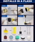 Installation guide for 1 Inch Wet And Dry Sanding Discs And Drums Kit For Rotary Tool 60 To 10000 Grit with parts shown.