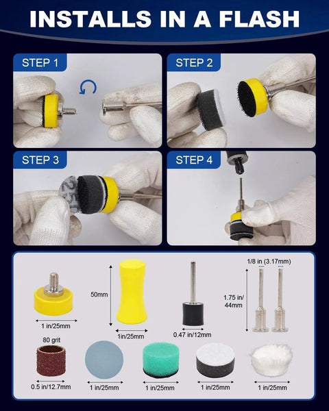 Installation guide for 1 Inch Wet And Dry Sanding Discs And Drums Kit For Rotary Tool 60 To 10000 Grit with parts shown.