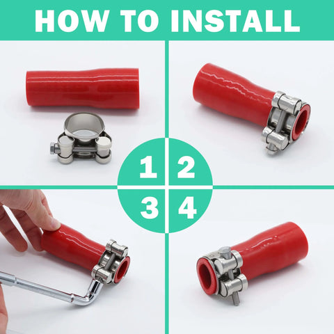 Installation guide for Stainless Steel T Bolt Hose Clamp Kit 32 Piece Set With Six Size Ranges, using socket wrench.