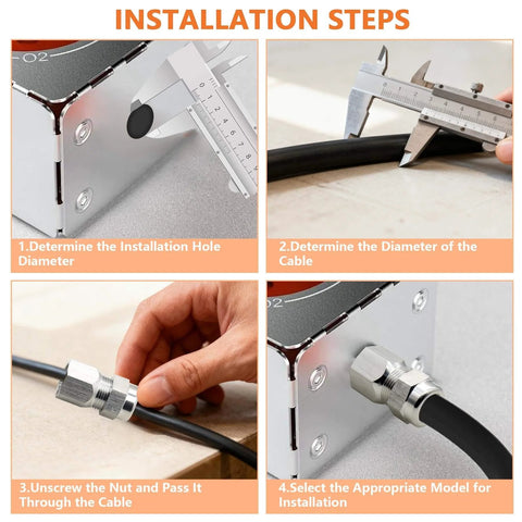 Installation steps for waterproof cable glands and cord grip pass through connector for wire splices, glands joints for control boxes
