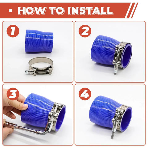 Installation steps of 6 Pack 1 Inch T Bolt Hose Clamps Stainless Steel 304 Heavy Duty Leak Proof Clamp Set for automotive use.