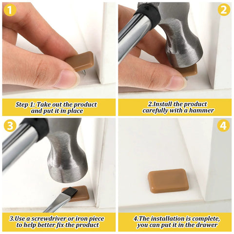 Installation steps of 30 Pieces Tack-In Drawer Glides For Dresser Repair, hammering and securing durable hard plastic cushions.