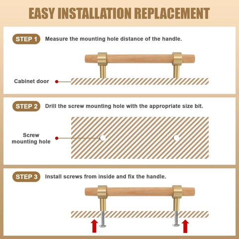 Installation guide for Set Of Six 3.75 Inch Wooden Cabinet Pulls With Screws For Dresser Kitchen And Wardrobe Cabinets showing steps 1-3.