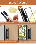 Installation guide for 40 Pack Peel and Stick Cabinet Handles ABS Plastic Self Adhesive Drawer Pulls for Kitchen Cabinets Closets and Furniture, 5.9 x 1.38 x 0.98 Inches, 80 Adhesive Strips Included, Black, showing step-by-step instructions with adhesive application and handle placement on a wooden surface.