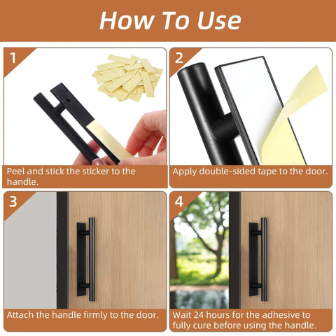 Installation guide for 40 Pack Peel and Stick Cabinet Handles ABS Plastic Self Adhesive Drawer Pulls for Kitchen Cabinets Closets and Furniture, 5.9 x 1.38 x 0.98 Inches, 80 Adhesive Strips Included, Black, showing step-by-step instructions with adhesive application and handle placement on a wooden surface.