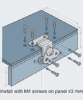 Diagram of sturdy 304 stainless steel latch set with a compact 2x1.5 inch footprint, installed with M4 screws on a panel under 3mm thick.
