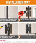 Installation steps for Invisible Door Slick Hidden Hinge Set Lipshome 7 Inch Concealed Hinges, showing drilling and fitting process.