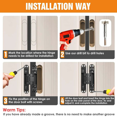 Installation steps for Invisible Door Slick Hidden Hinge Set Lipshome 7 Inch Concealed Hinges, showing drilling and fitting process.
