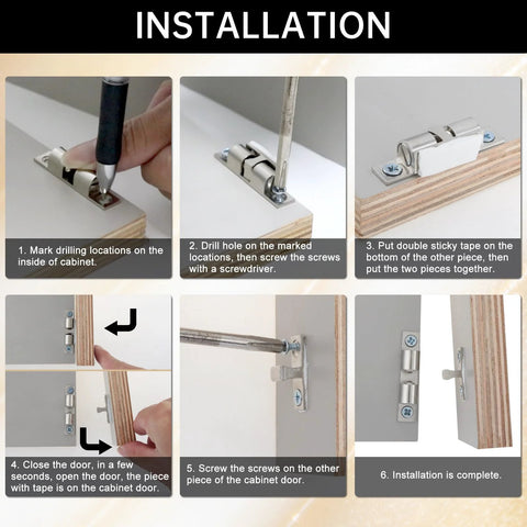Installation process for 12Pcs Double Ball Tension Roller Cabinet Catch Latch Set 70mm Solid Brass Hardware on cabinet door.