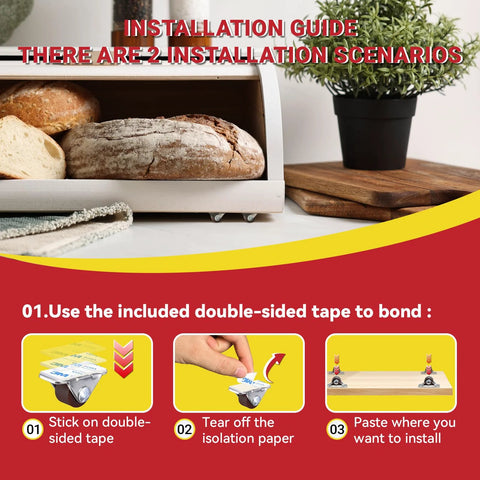 Installation guide for Eight Pcs Ultra Low Profile Half Inch Mini Rigid Caster Wheels Non Swivel Fixed Casters with adhesive