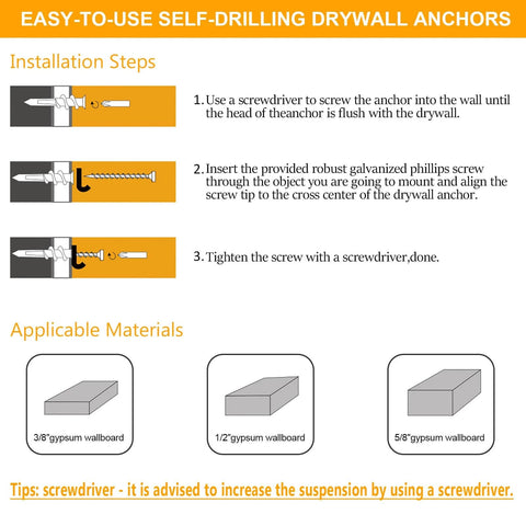 Easy-to-use self-drilling drywall anchors installation guide for Wall Hanging Kit for Art, Frames, and Curtain Rods, 140-Piece Heavy Duty Drywall Anchor Substitute with 70 Threaded Picture Hangers and 70 #8 x 1-1/4 Inch Screws, Supports Up to 75LB.