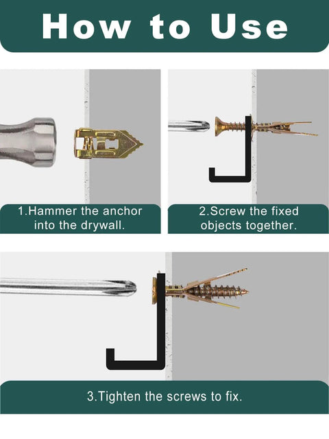 Instruction guide for 100 pcs self drilling drywall anchors and screws kit with 50 sheetrock anchors and 50 zinc expansion screws made from zinc plated steel no drilling required holding up to 80 lb for wall mounting.