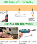 Instructions for installing 35 Piece Heavy Duty Eye Screw Hooks With Safety Buckle on wall and wood surfaces with tools.