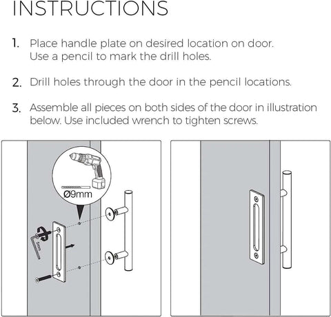 Installation instructions for Gold Barn Door Handle Kit With Latch Lock Set Brass Finish, showing drill points and assembly.