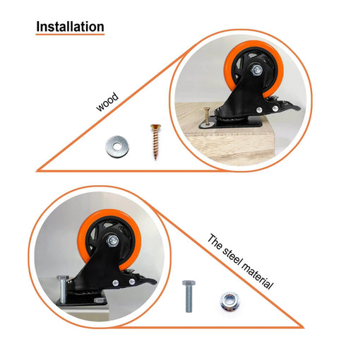 4" Caster Wheels, Heavy Duty Set of 4 - Orange Polyurethane Top Plate Swivel Casters, Industrial 4-Pack with Brake, Locking Wheels installation.