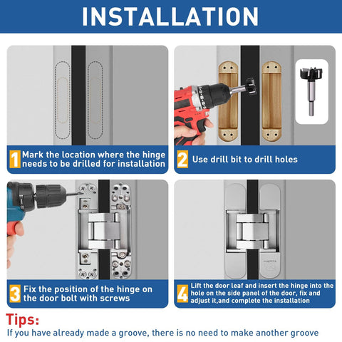 Installation guide for Hidden Door Hinges 6 Inch Concealed Butt Hinge Zinc Alloy 180 Degree Swing 3 Way Adjustable Black 2 Pack TamBee