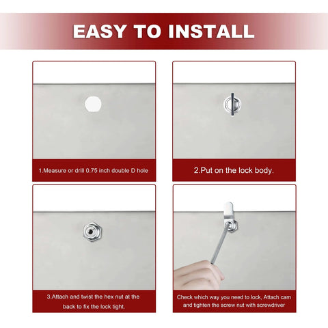 Installation steps for keyless thumb twist cam lock for RVs, boats, storage compartments, and outdoor showers shown in detail.
